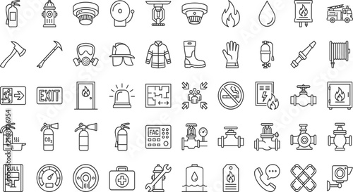 Set of  outline icons related to fire protection. Linear icon collection. Editable stroke. Vector illustration