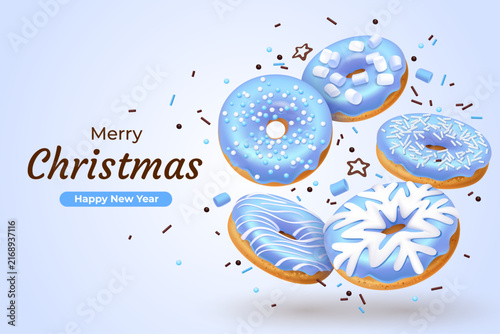 Christmas banner for bakery shop with blue chocolate donuts sprinkles sugar glaze, marshmallows and chopped nuts. Fast food isolated on the orange background. Realistic style. 