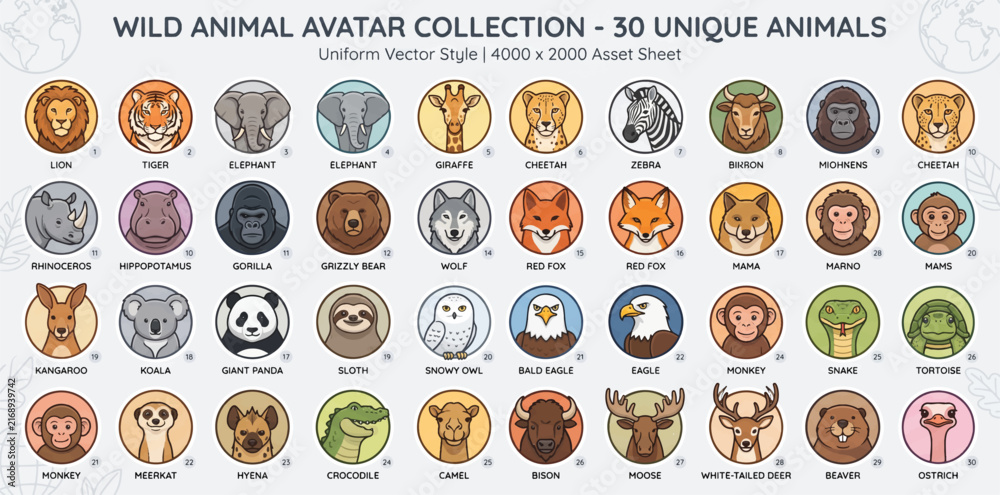Naklejka premium Safari, Jungle, and Wild Animals Avatar Vector Collection