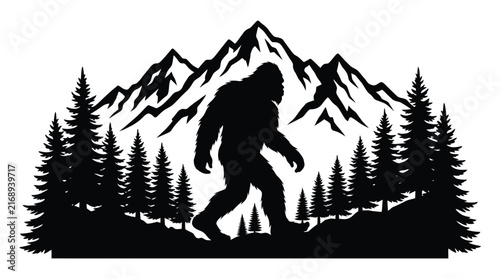 Black silhouette of a large hairy humanoid figure stands before a mountain range