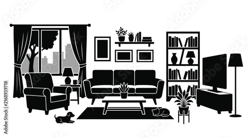 Black silhouette of a living room interior with furniture and cityscape view