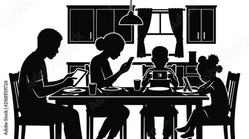Family silhouette dining together at a table with digital devices white background