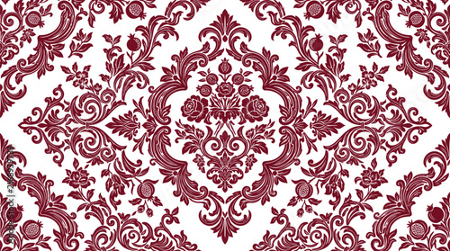 Intricate damask floral ornament features a repeating pattern on a white background