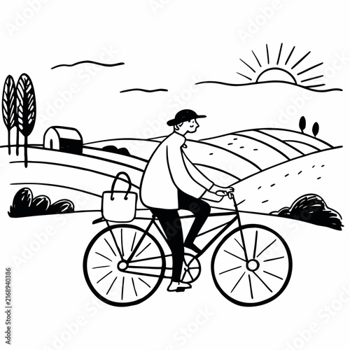 A cyclist enjoying an autumn vacation on a vintage bicycle in a rural landscape