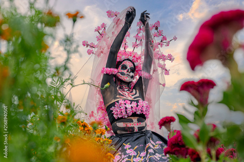 Vertical Catrina Portrait in Cempasuchil Field