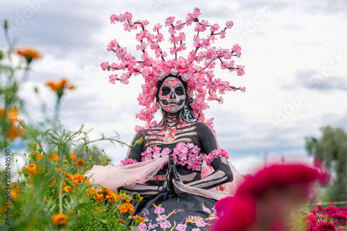 Catrina Resting Veil Among Mexican Marigolds