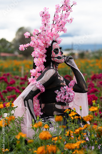 Side View Catrina in Colorful Flower Field