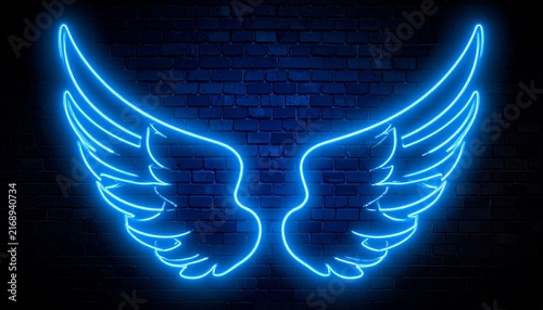 Illuminated Bright Blue Neon Angel Wings Outline Mounted on Dark Brick Wall Background