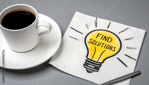White Ceramic Coffee Cup Beside Napkin Drawn with Glowing Lightbulb and FIND SOLUTIONS Text on Gray Surface