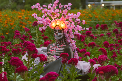 Golden Hour Catrina Among Red Flowers