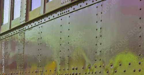Foto Riveted Steel Side of Train car, Sleeper Car, sleeping car, or wagon-lit car w/w
