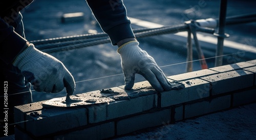 Construction Worker Skillfully Laying Bricks on Scaffolding at Dusk