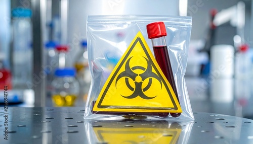 Sealed Biohazard Sample Bag Containing Blood Test Tube with Warning Symbol in Laboratory Setting