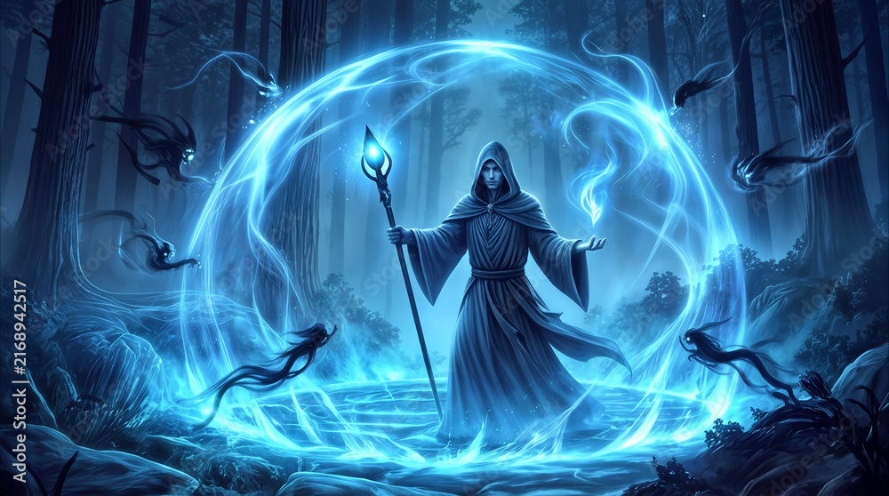 Naklejka premium Sorcerer casting protective energy shield in dark mystical forest. Wizard holding magical staff while surrounded by shadowy spirits.