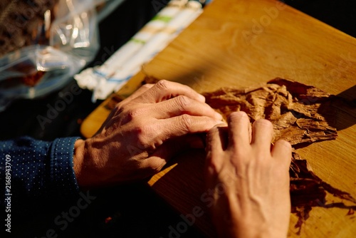 Foto Cigar Maker Rolling Tobacco Leaf