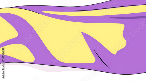 Abstract flowing fabric with yellow and purple organic shapes on a white background