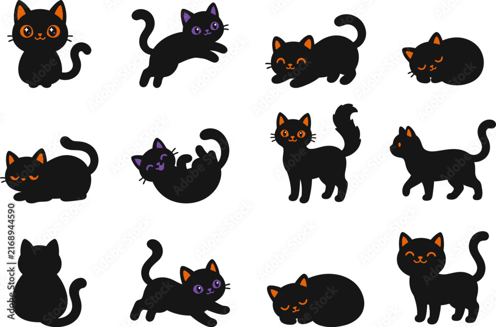 Obraz premium Halooween collection of cute black cat stickers in different poses