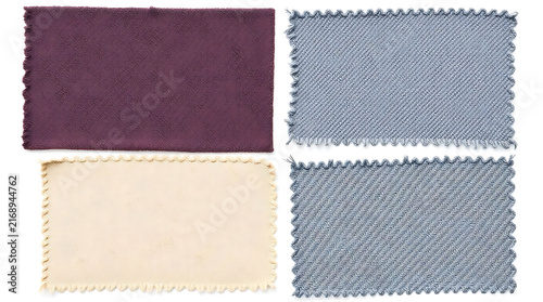 Four fabric swatches with textured edges showing different material types and patterns