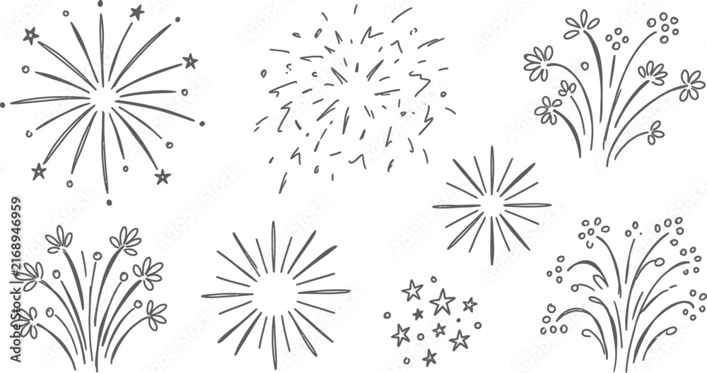 Obraz premium Set of hand drawn firework sketches isolated on white background for holiday design and celebration projects