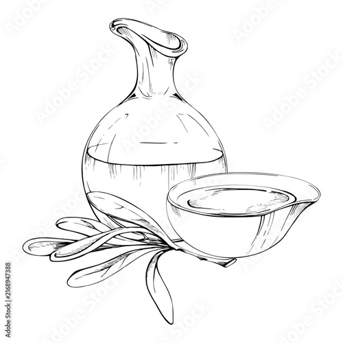 Olive oil, vinegar dressing still life of glass cruet, spout bowl, olive branch. Pencil drawing. Specialty food packaging, culinary magazines, restaurant promotions, ingredient guides, artisan markets