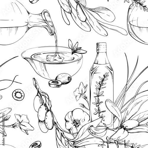 Pouring olive oil bottle, glass decanter, tree branch, herbs and garlic mix. Seamless pattern hand drawn in pencil. Specialty food products, restaurant packaging, recipe journals, culinary merchandise