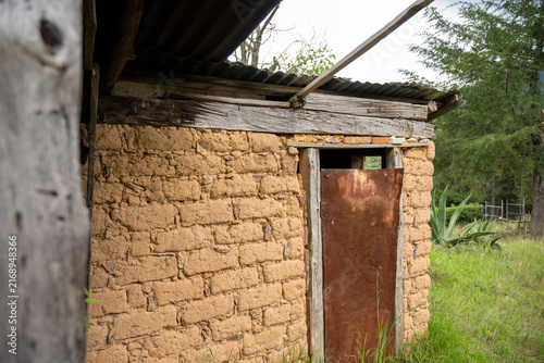 Rustic adobe house with a rusty metal door in a rural area of Hidalgo, Mexico.