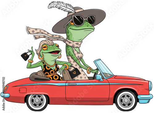 Two stylish women frogs driving a vintage convertible car on transparent background. Fun cartoon illustration of fashionable amphibians on a road trip. Summer leisure and travel concept.