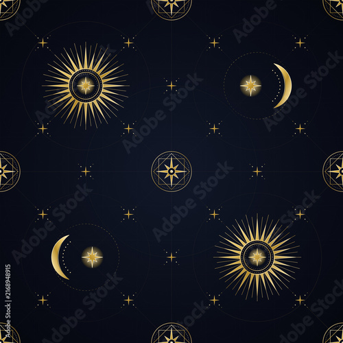 фотографія Sun and moon celestial seamless pattern on dark background