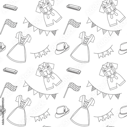 Black and white doodle pattern of Oktoberfest with Bavarian flag and traditional clothing. Simple sketch for festival posters and promotional materials