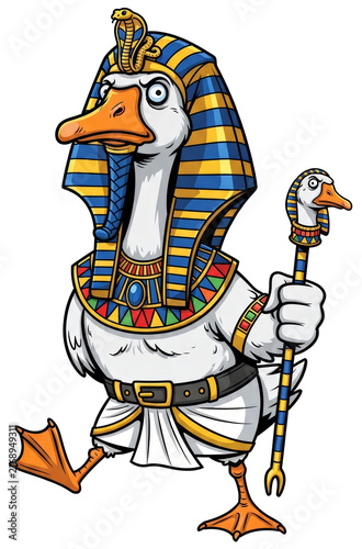 Cartoon goose pharaoh wearing golden crown with cobra on transparent background. Egyptian ruler bird character holding scepter with bird head. Funny history mascot for kids design craft.