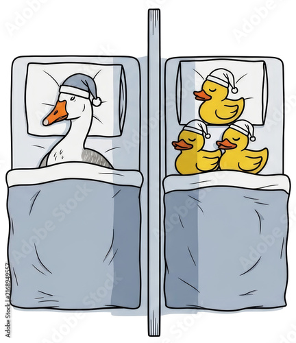Goose and three rubber ducks wearing nightcaps sleeping in single beds on transparent background. Cute cartoon characters resting in bedroom. Concept of bedtime, comfort and sweet dream.