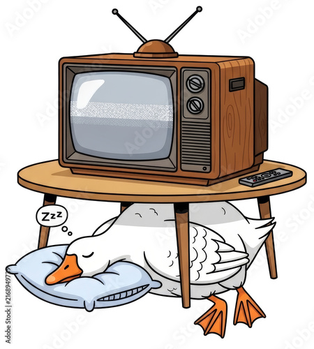 Sleeping goose on pillow under wooden table with vintage television set on top on transparent background. Funny cartoon bird character resting. Concept of home comfort and relaxation.
