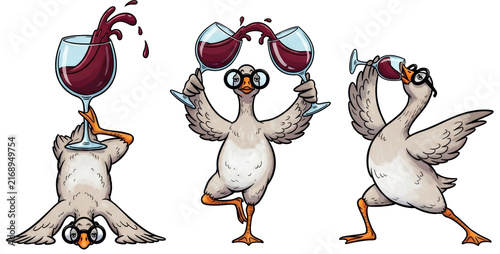 Funny cartoon goose wearing glasses holding wine glass on transparent background. Set of wine drinking goose characters. Humorous animal illustration for party design and wine theme.