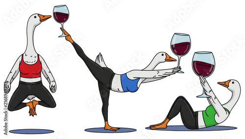 Anthropomorphic goose practicing yoga with red wine glass on transparent background. Funny cartoon bird doing fitness and gymnastics. Concept of healthy lifestyle and relaxation humor.