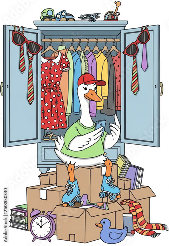 Goose character wearing shirt and cap with roller skate sitting on cardboard box in front of wardrobe holding smartphone on transparent background. Fun animal illustration for web design.