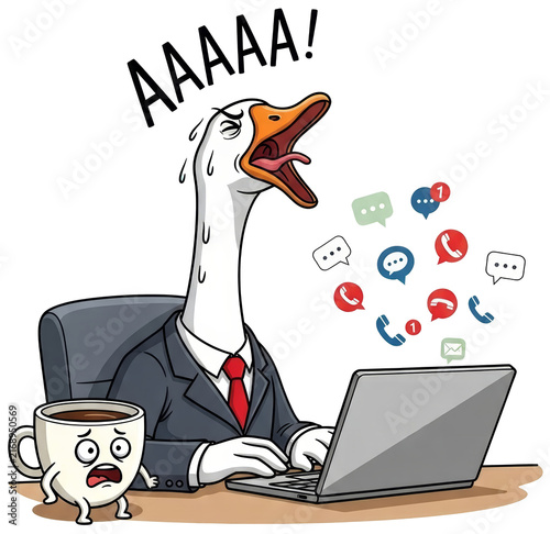 Stressed goose in suit screaming at computer on transparent background. Overwhelmed office worker bird dealing with notification and deadline. Funny cartoon character business burnout concept.