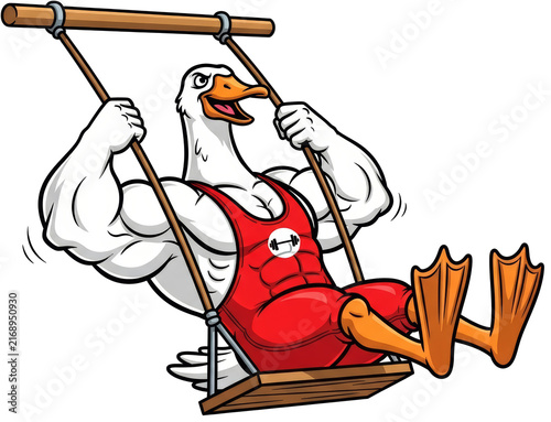 Muscular goose athlete playing on swing on transparent background. Cartoon power bird wearing sportswear for fitness activity. Concept of strong character training and healthy lifestyle.