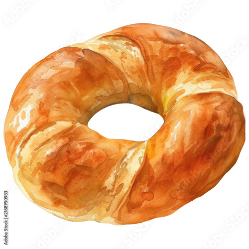 Golden-brown baked bagel ring with crispy crust, watercolor illustration for bakery menu or packaging, isolated on a white background