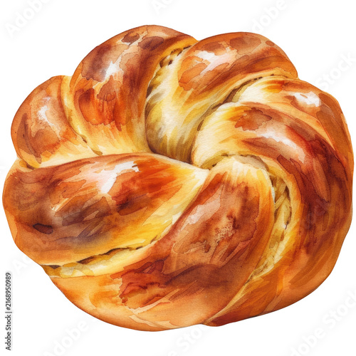 Appealing watercolor illustration of golden braided bread with perfect crust texture, for bakery or pastry menu, isolated on white background