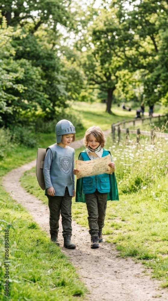 Fototapeta premium Children in knight and explorer costumes reading a map on a park path, representing adventure and imagination