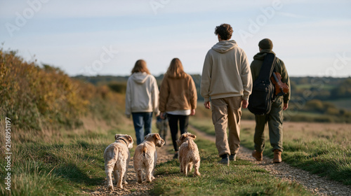 A diverse group of children walk three small dogs along a quiet rural footpath in afternoon grey light, a violin case carried by one child suggesting a classical music rehearsal