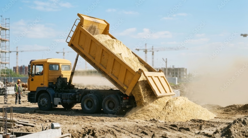Fototapeta premium Dump truck unloading sand at construction site, creating dust plume against blue sky, logistics and heavy equipment in action