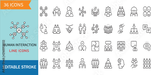 Human Interaction Line Icons Set Includes Teamwork Social Connection Network People Communication Relationship Partnership Collaboration Community Icons