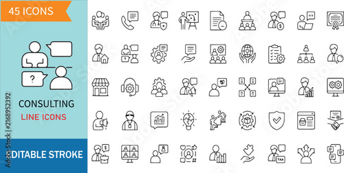 Consulting Line Icons Set Includes Business Advisor Communication Strategy Discussion Meeting Expert Help Management Advice Support Service Symbols