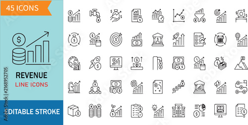 Revenue Line Icons Set Includes Financial Growth Money Chart Sales Profit Investment Cash Flow Graph Budget Strategy and Success Symbols