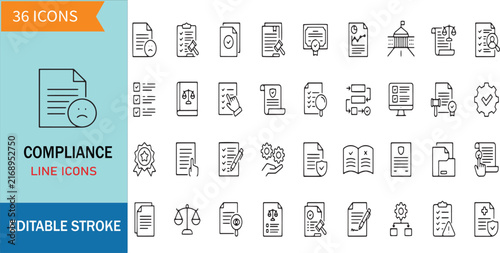 Compliance Line Icons Set Includes Regulation Legal Policy Document Audit Certificate Quality Standard Check Standard Policy and Governance Icons