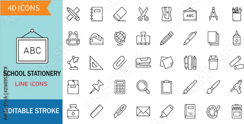 School Stationery Line Icons Set Includes Pencil Scissors Ruler Blackboard Globe Compass Pencil Case Calculator Pin Magnifier and Paper Elements