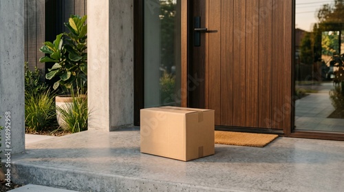 Cardboard delivery box left on the doorstep of a modern house with wooden door and concrete porch