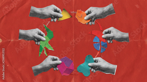 Mixed media collage with grayscale hands arranging colorful torn paper shapes on a textured red background
