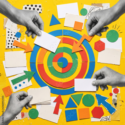 Mixed media collage with grayscale hands arranging colorful geometric arrows paper cards and target shapes on yellow
